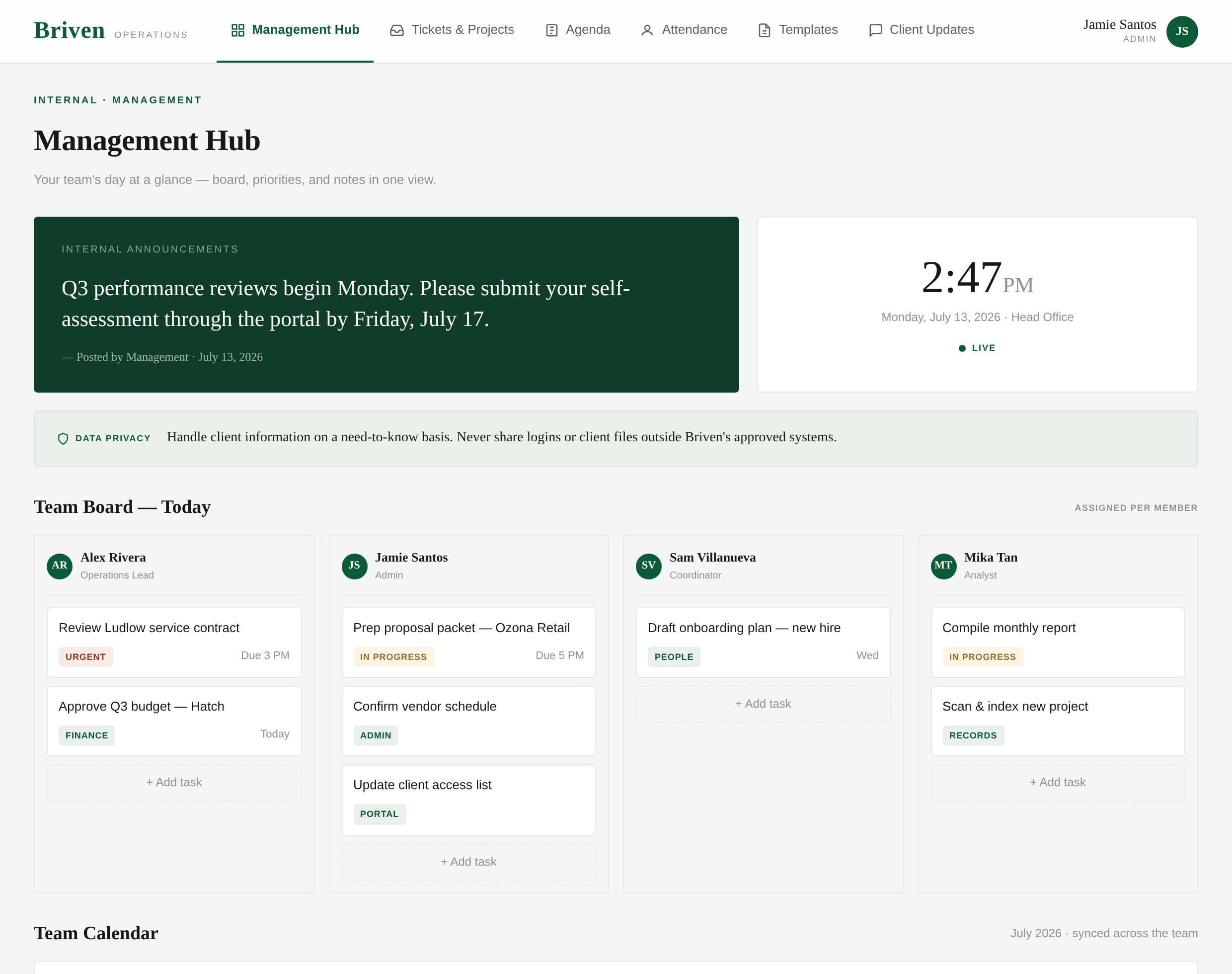 Illustrative preview of the Briven Management Hub module