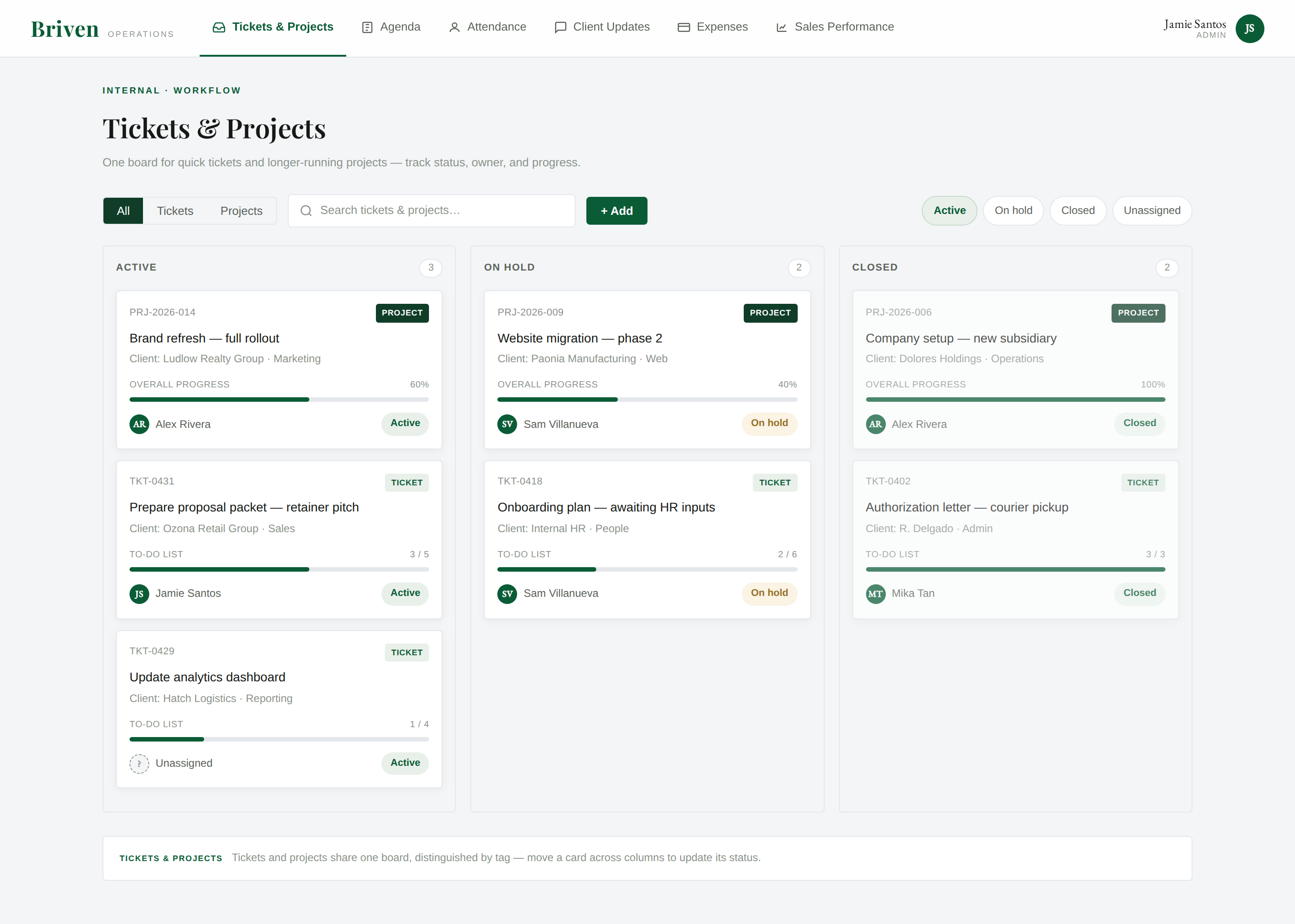 Illustrative preview of the Tickets and Projects module